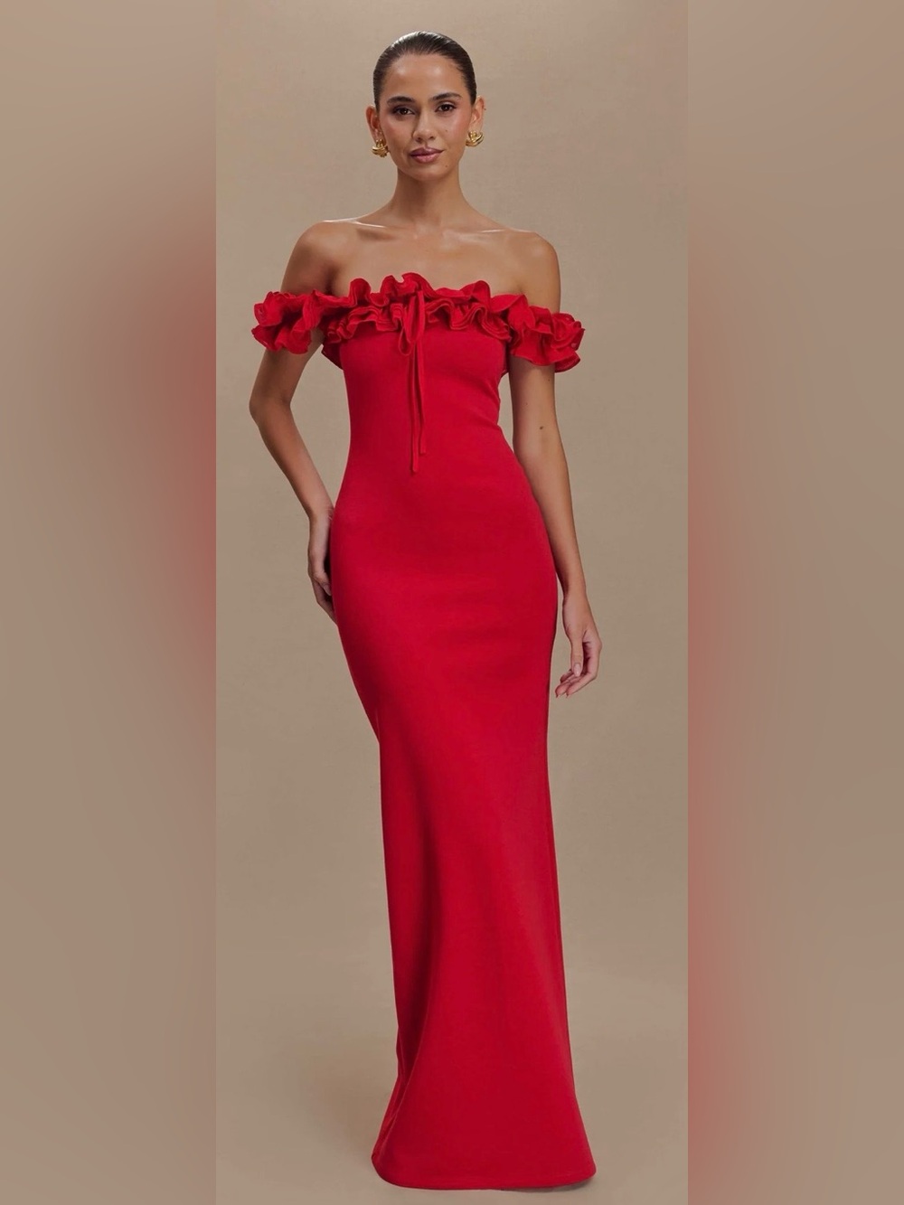 MESHKI - Nova Ruffle Off Shoulder Maxi Dress - Ruby